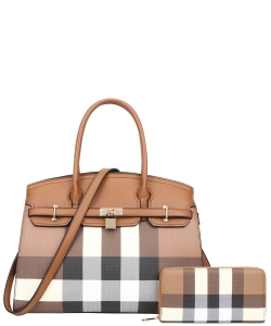 2 In1 Plaid Handle Bag with Wallet Set LM-8927-W BROWN